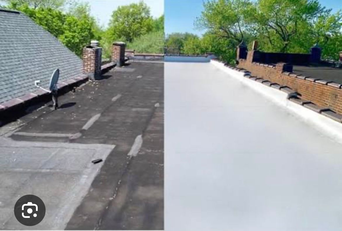 Split view of a weathered roof (left) and a newly coated white roof (right). Brick chimneys and trees in the background.