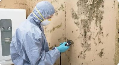 Person in protective suit inspecting mold on a wall with a gloved hand and phone