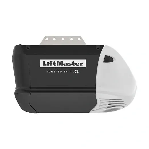 A black and white LiftMaster garage door opener motor unit featuring MyQ branding.