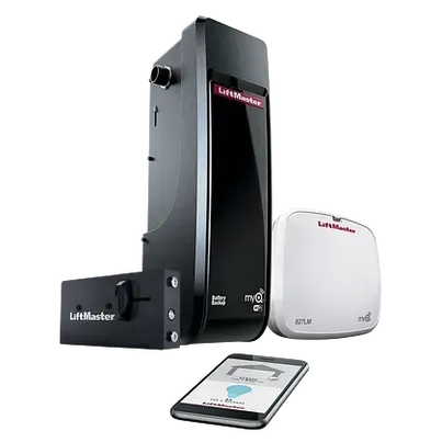 A black LiftMaster wall-mount garage door opener with a white remote light and a smartphone displaying the app.