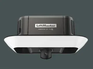 A black and white LiftMaster smart garage door opener with an integrated camera, centered against a dark grey background.