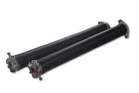 Two black industrial torsion springs for a garage door, shown side-by-side with metal end cones.