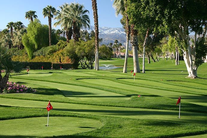 A golf course with palm trees and mountains in the background