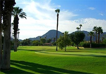 A golf course with palm trees and mountains in the background
