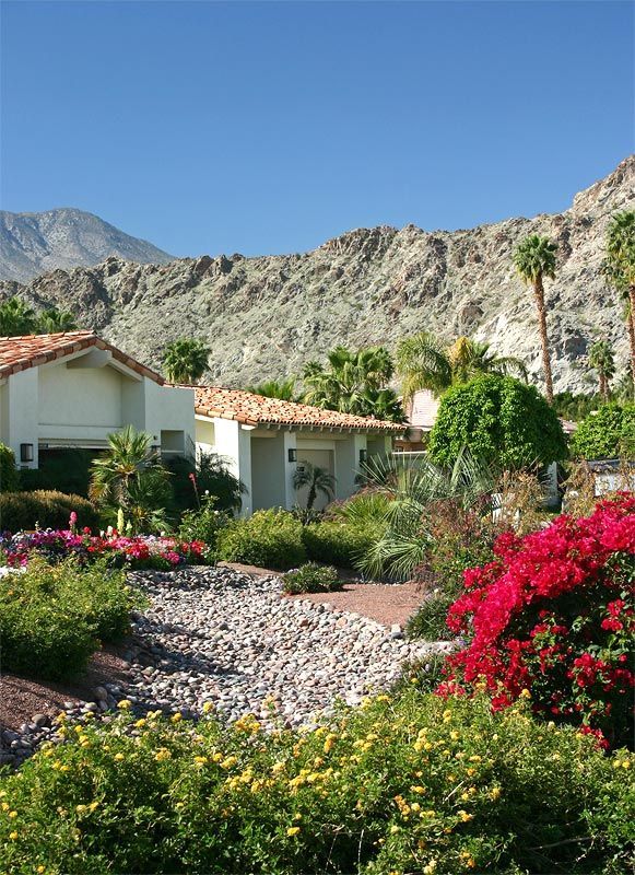 A house with a mountain in the background is surrounded by flowers and bushes