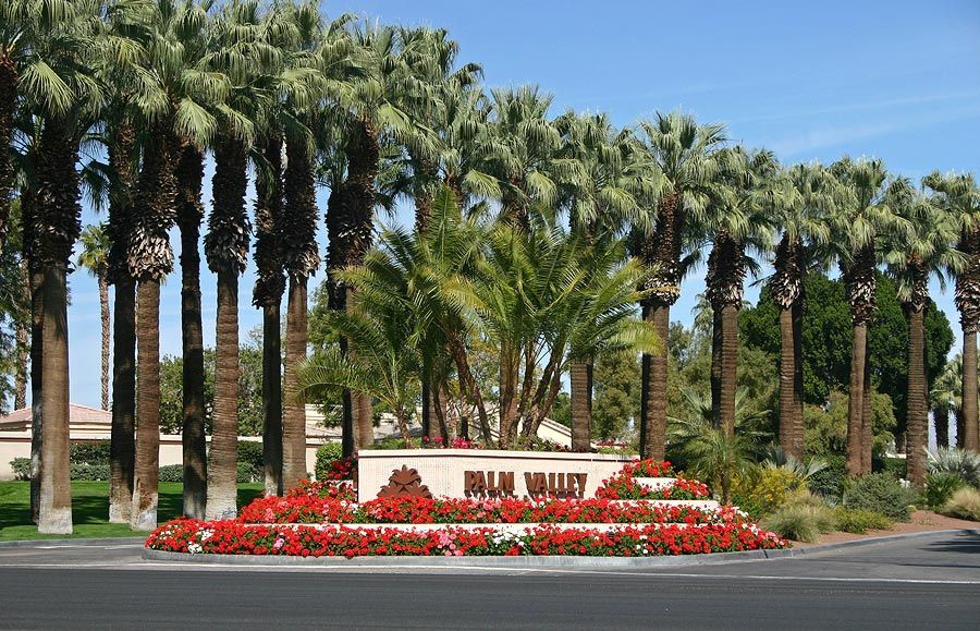 A sign that says palm valley is surrounded by palm trees