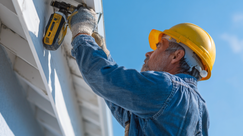 Worker in yellow hard hat using a power drill on a white exterior wall under a blue sky