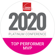 2020 Owens Corning Platinum Conference Top Performer MVP badge in gray and magenta