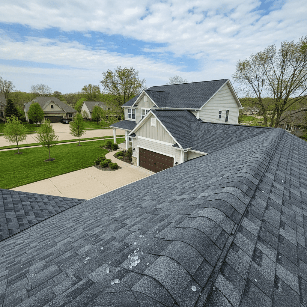View from a rooftop over a suburban neighborhood with gray shingle roofs and green trees
