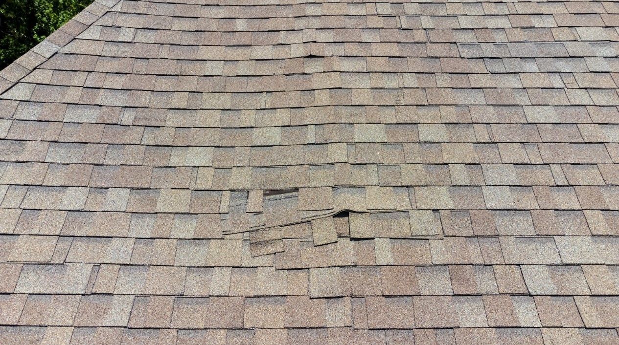Brown asphalt shingle roof with a small damaged patch near the center