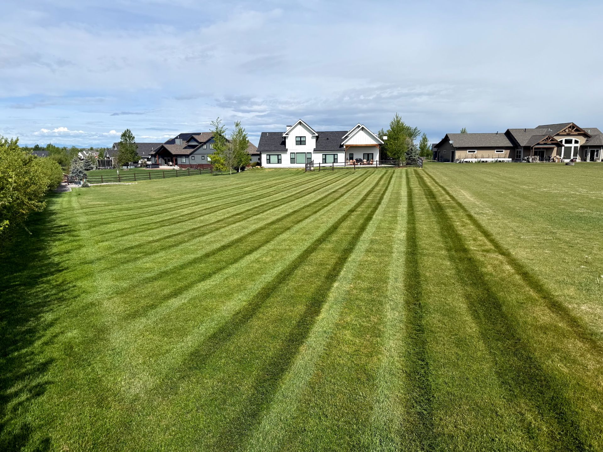 Wide green striped lawn leading to houses under a partly cloudy blue sky.