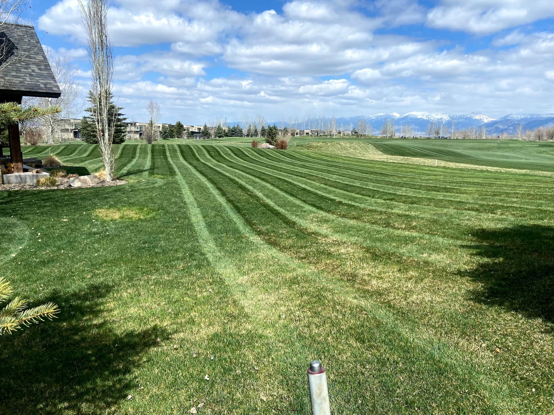 Grassy field with striped mowing patterns, distant mountains, and a small house at left under a blue sky