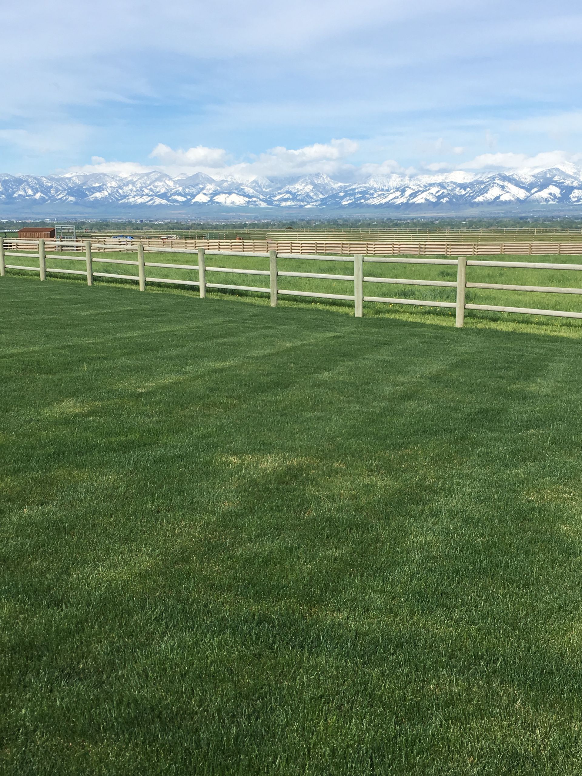 Green lawn with a white fence and snow-capped mountains under a cloudy sky