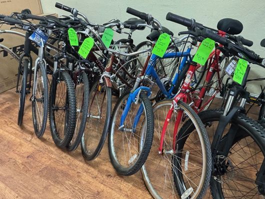 Row of bicycles for sale, various colors, leaning against a wall indoors with price tags.