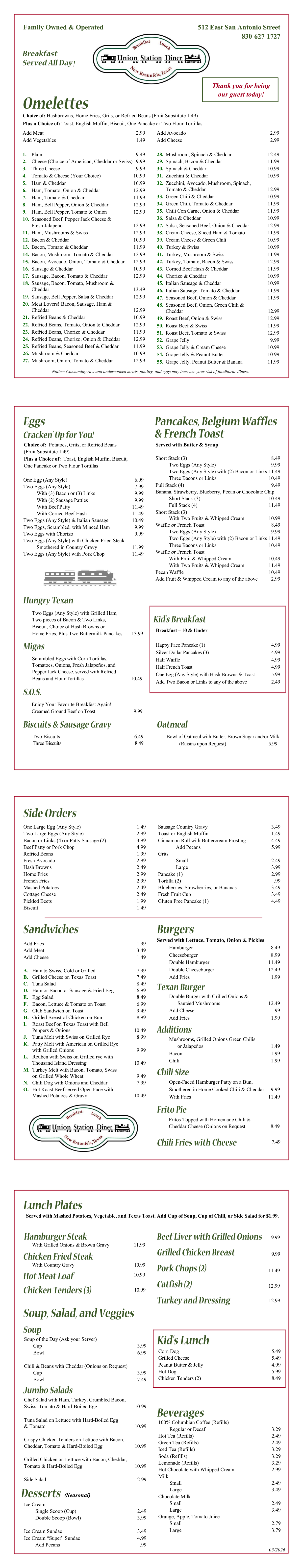 Union Station Diner Menu