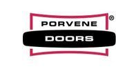 Logo for Porvene Doors, a black oval with white text and a maroon rectangular frame.