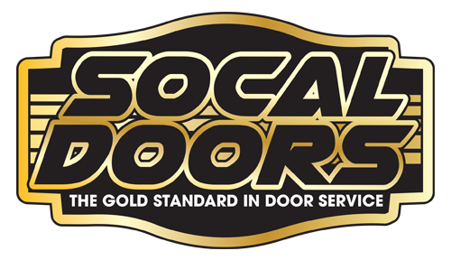 Logo for SoCal Doors: Black text with gold outline on a black and gold background. "THE GOLD STANDARD IN DOOR SERVICE" below.