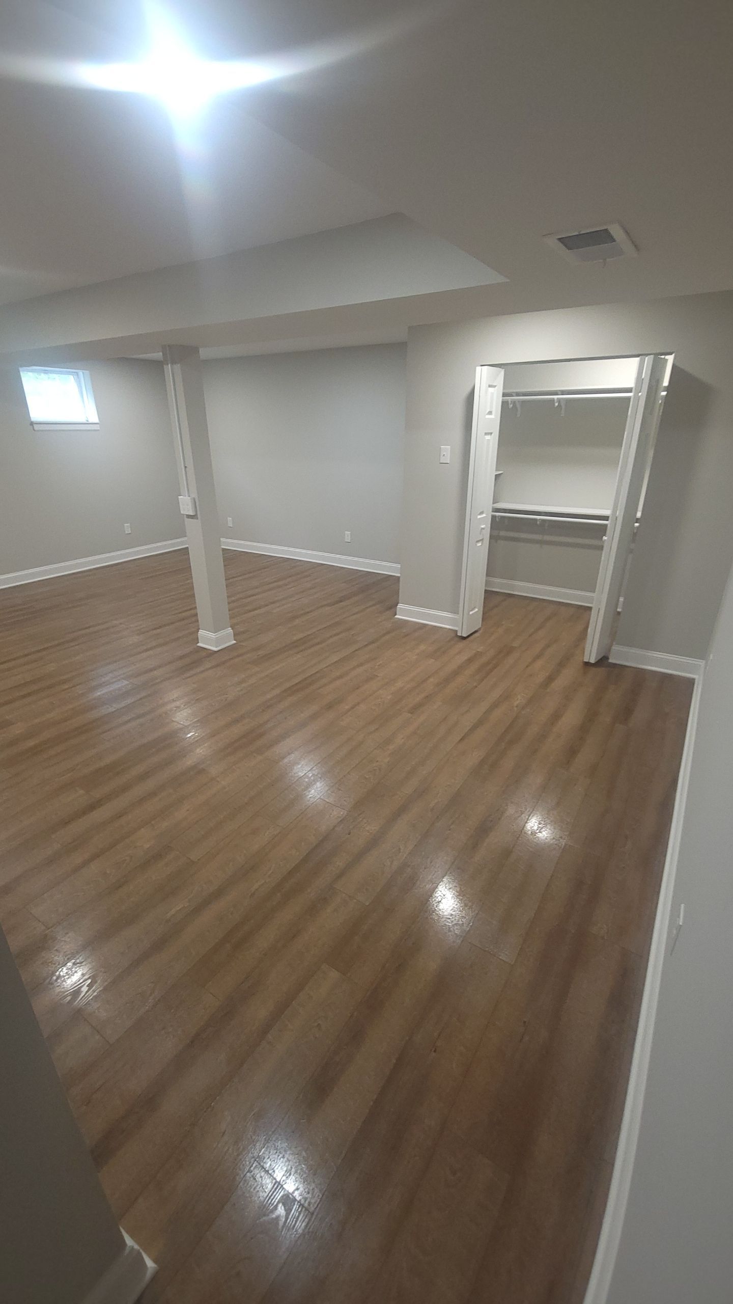 Empty basement room with wood flooring, white walls, support columns, and an open closet.