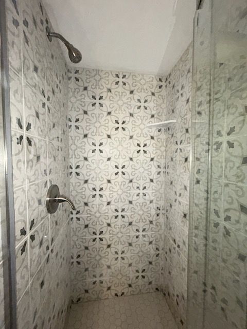 Shower with decorative patterned tiles and glass door. Chrome shower head and faucet.