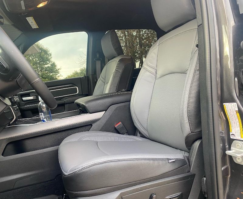 Gray and black leather truck seats; interior shot.