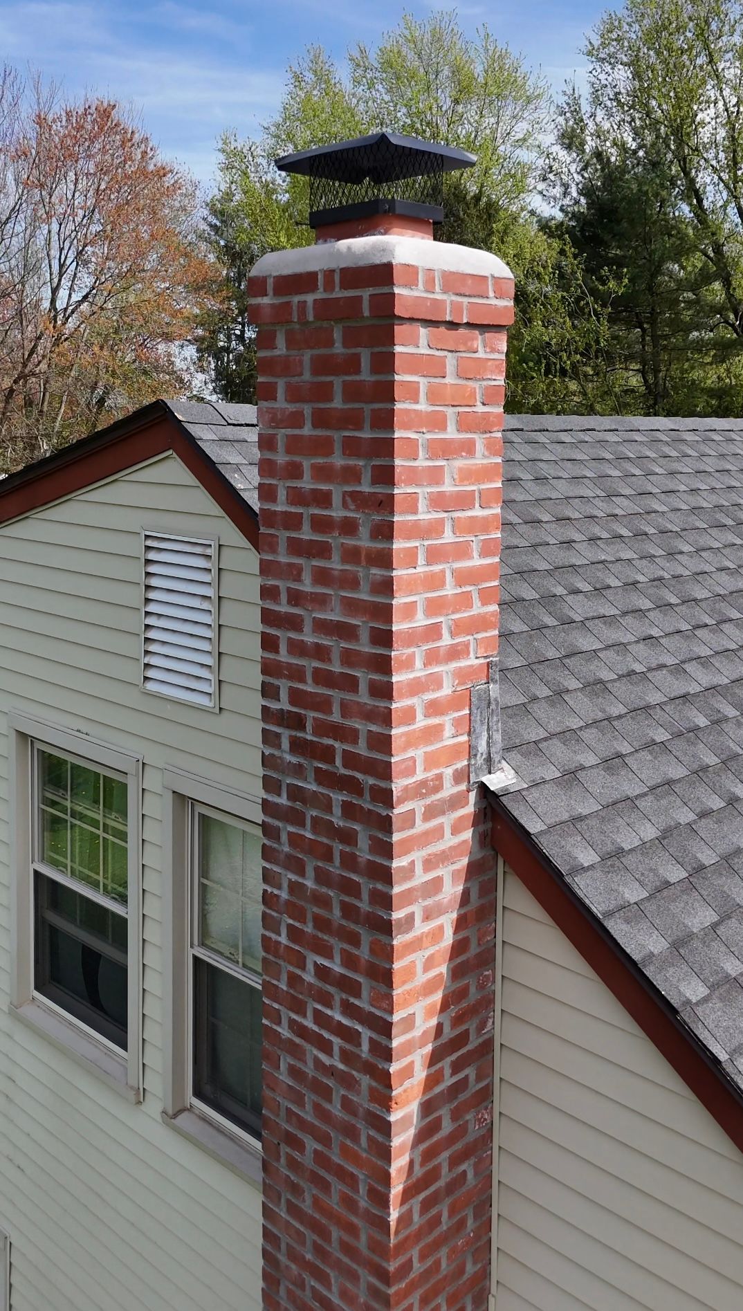 Brick chimney on a shingled roof, with black cap and white trim. Green trees in the background.
