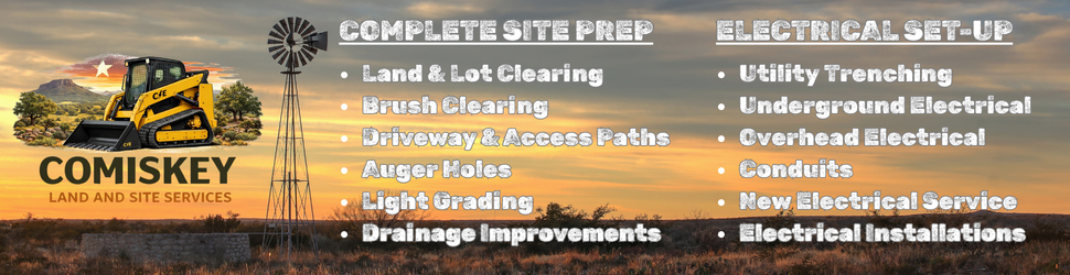 Banner with construction equipment, windmill, and service listings for site prep and electrical setup.