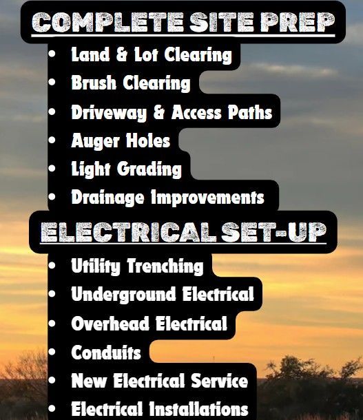 Banner with construction equipment, windmill, and service listings for site prep and electrical setup.