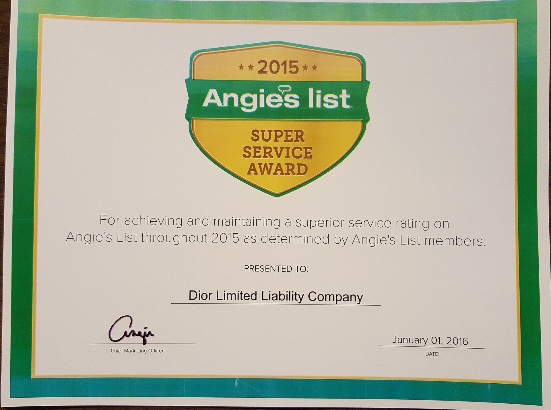 Angie's List Super Service Award certificate