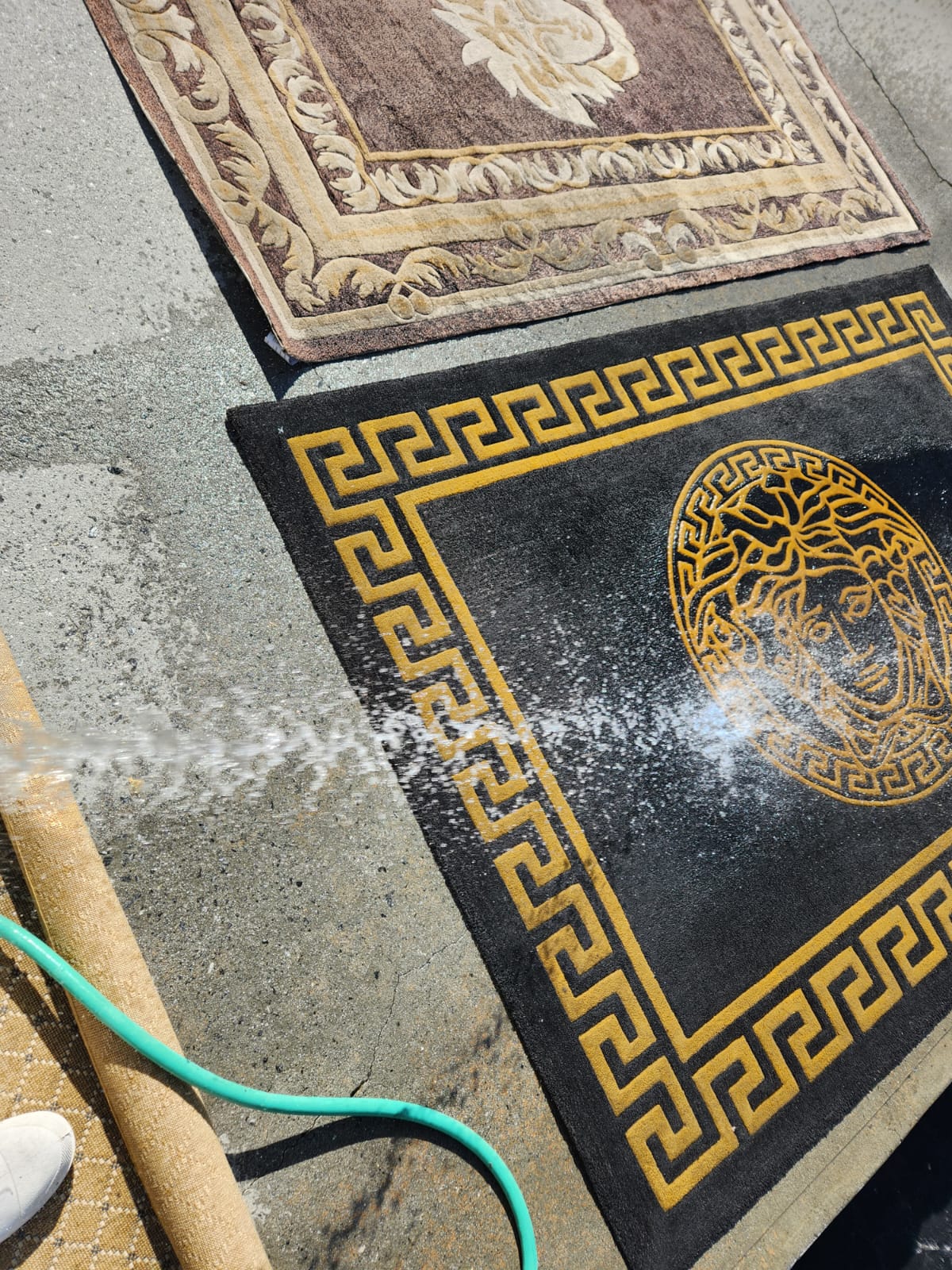 cleaning a beautiful black and gold rug