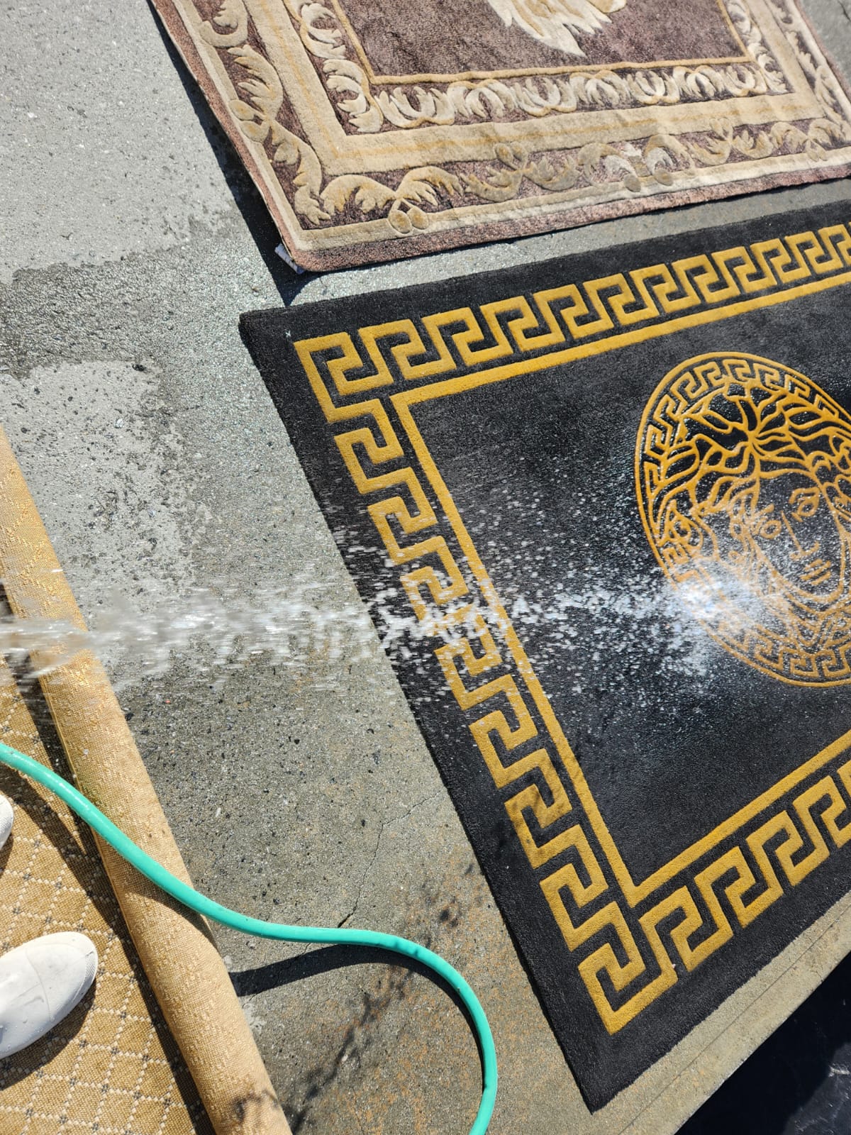 putting soap on the beautiful black and gold rug