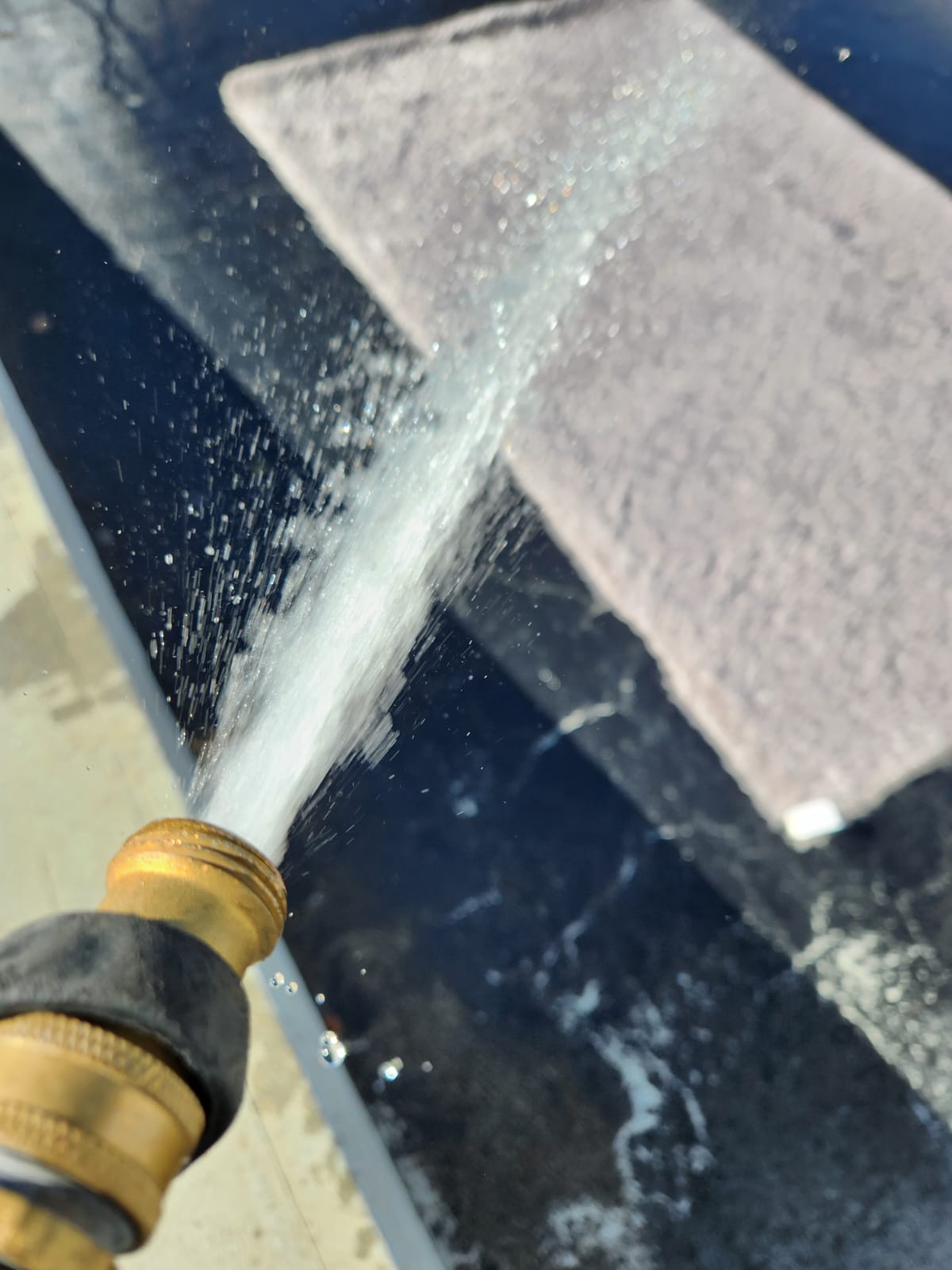 spraying the gray rug with water