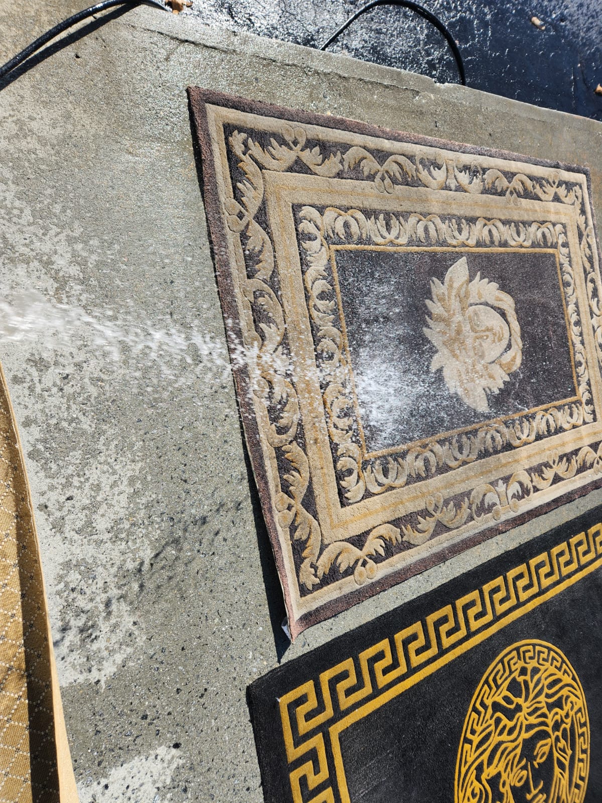 spraying the two beautiful rugs with water