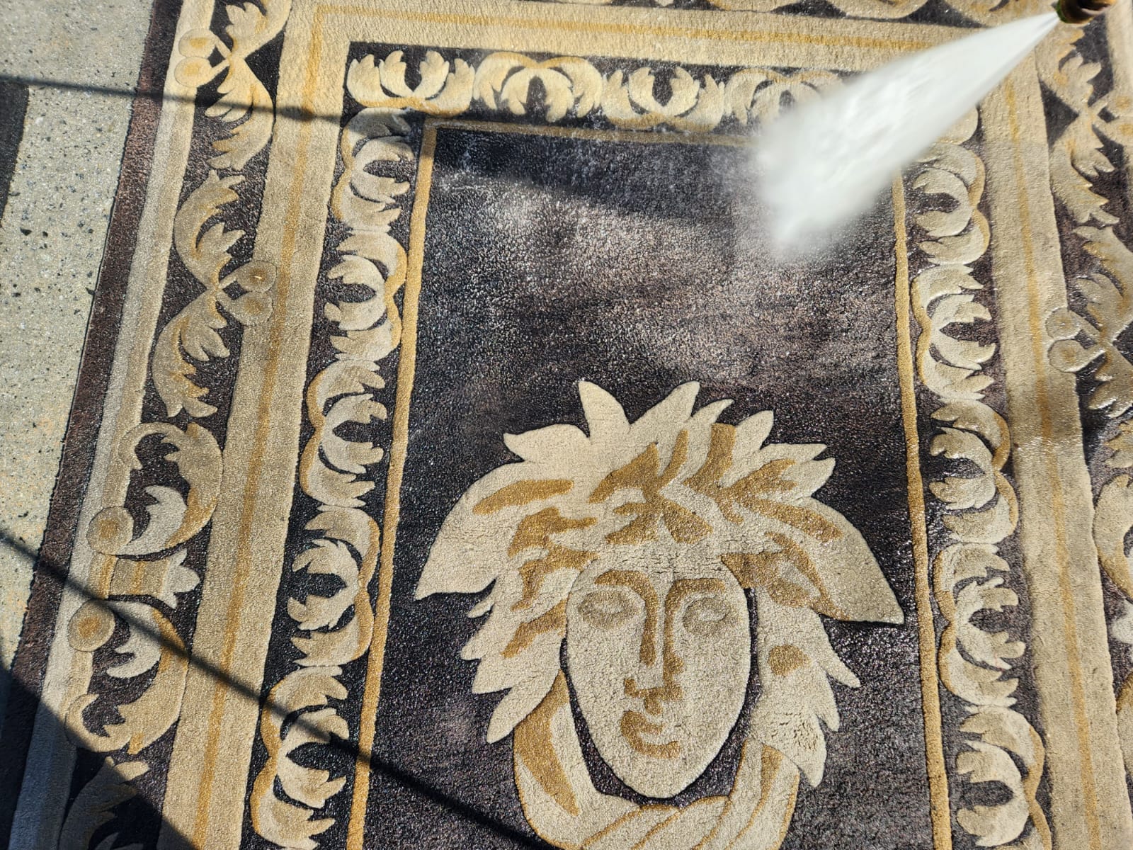pressure washing the black and gold rug
