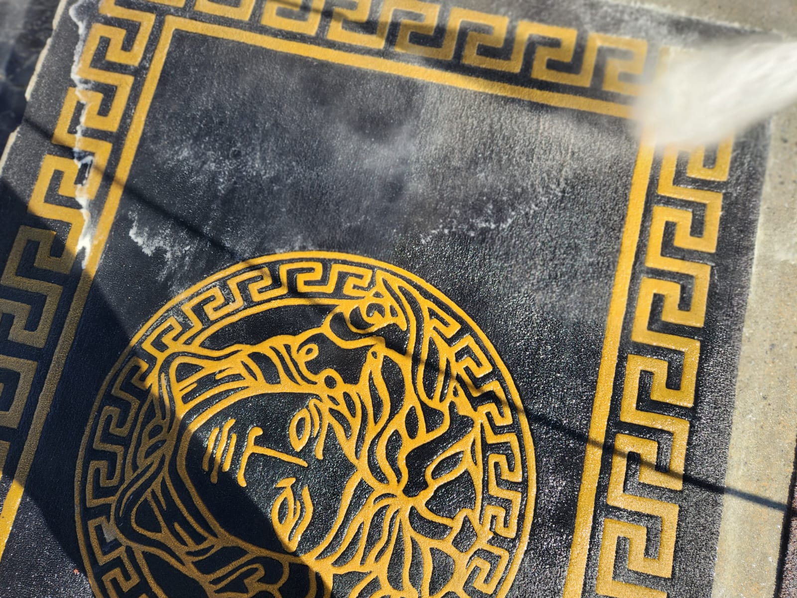 black and gold rug cleaning in progress