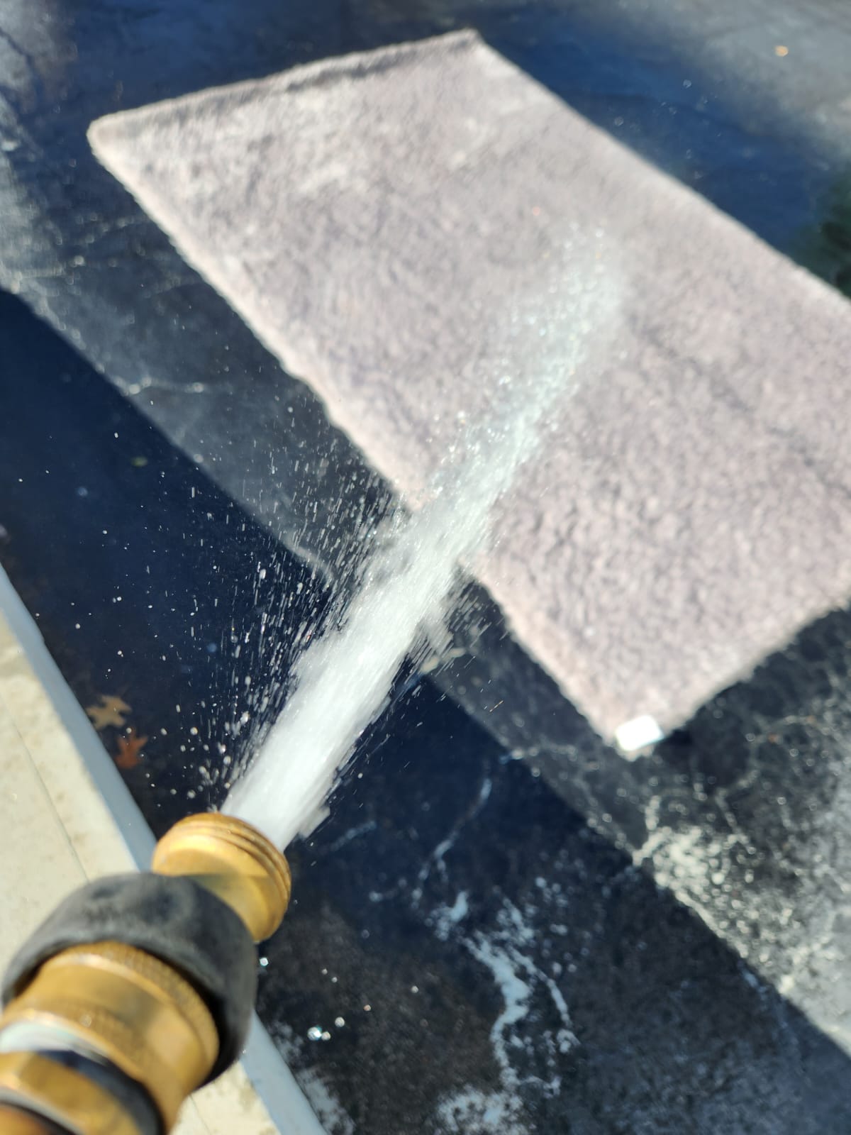 spraying the gray rug with water and soap