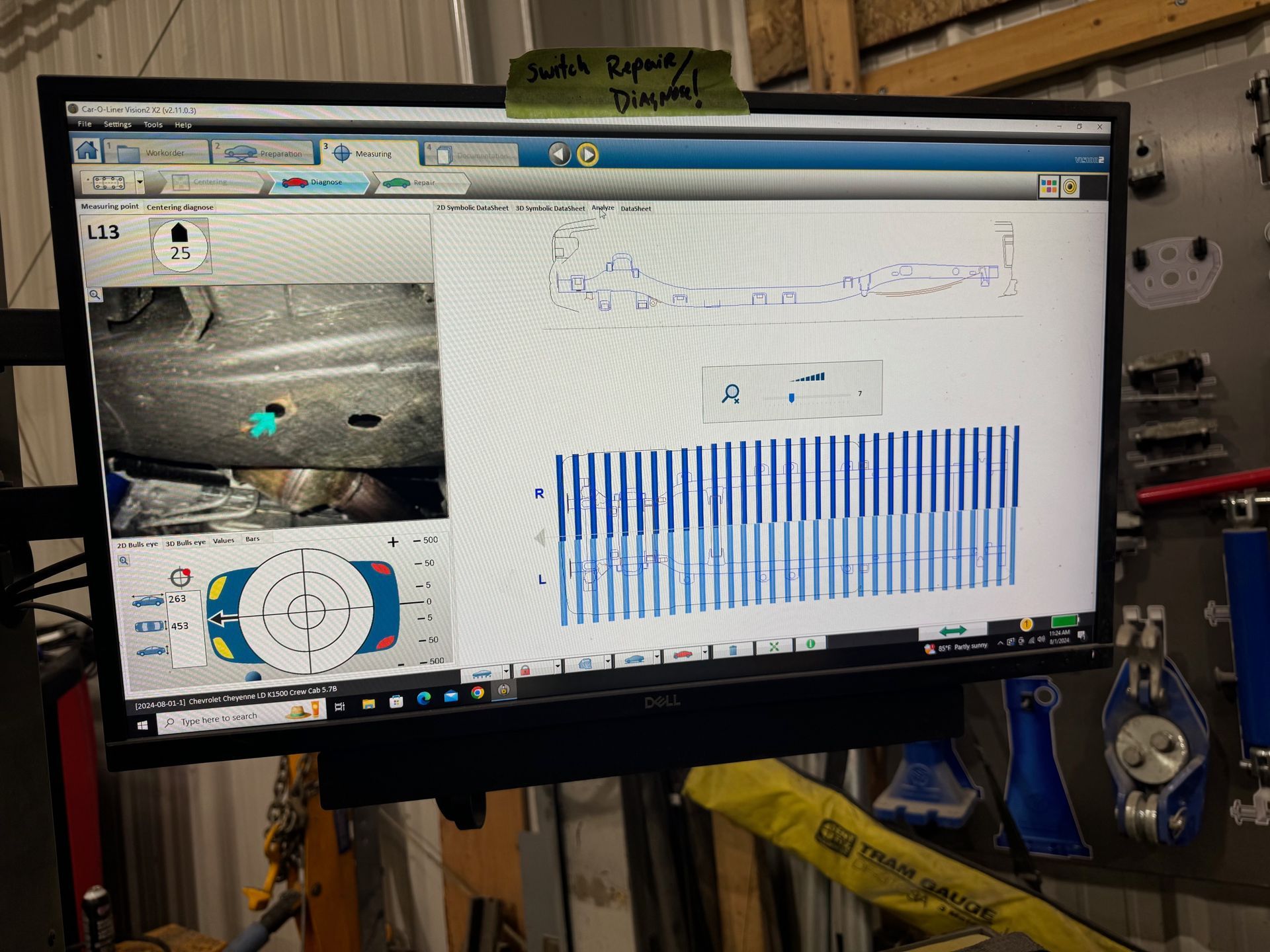 Computer monitor displaying a data dashboard with graphs, a chart, and a small image of a tunnel or cave scene.