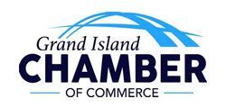 Grand Island Chamber of Commerce logo in navy and blue with stylized swoosh lines