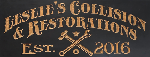 Leslie&rsquo;s Collision & Restoration logo in tan on a dark background, with crossed wrenches and &ldquo;Est. 2016&rdquo;