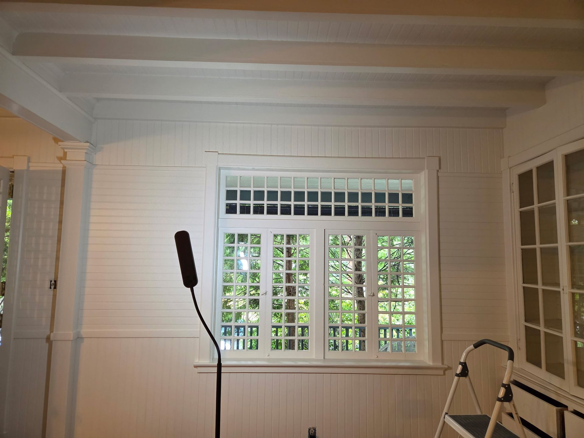 Bright room with white beadboard walls, a window with greenery outside, and a standing microphone by a bench.