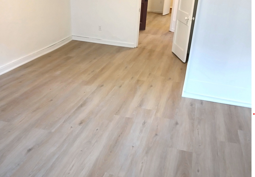 Empty room with light wood flooring, white walls, and an open doorway.