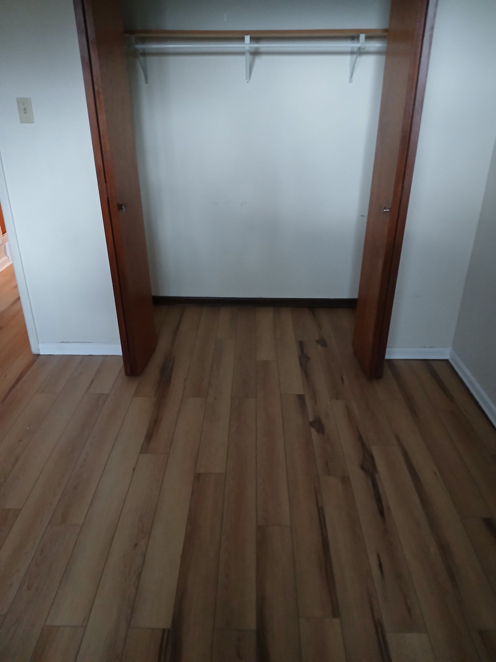 A closet with a wooden floor and a wooden door