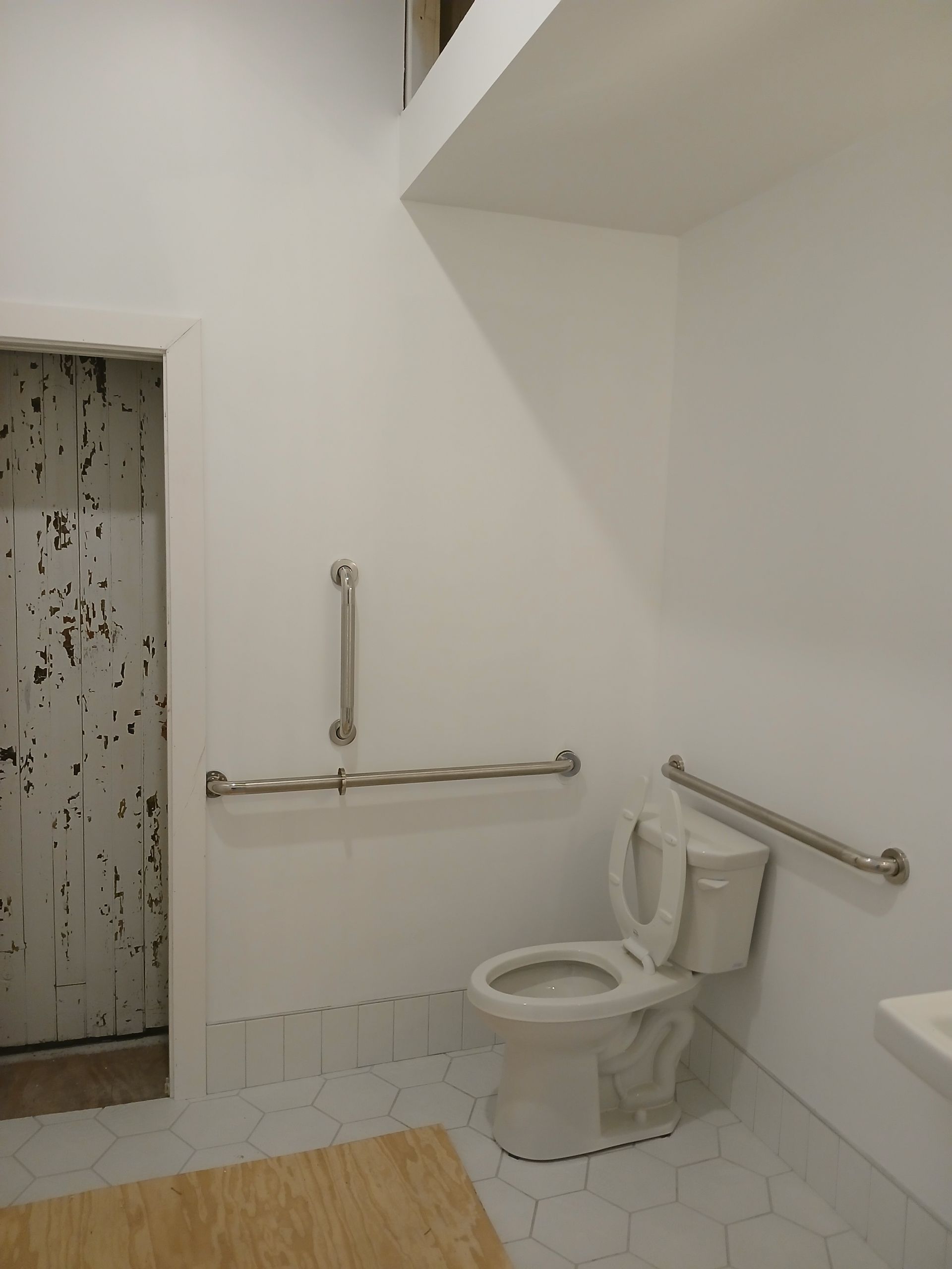 A bathroom with a toilet and a hand rail