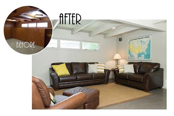 A before and after photo of a living room