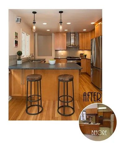 A before and after photo of a kitchen with wooden cabinets and stools.