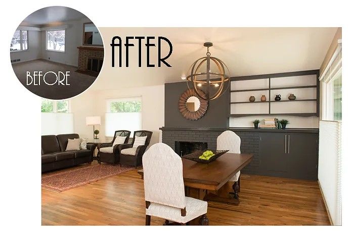 A before and after photo of a living room and dining room.