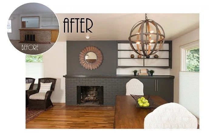 A before and after photo of a living room and dining room.