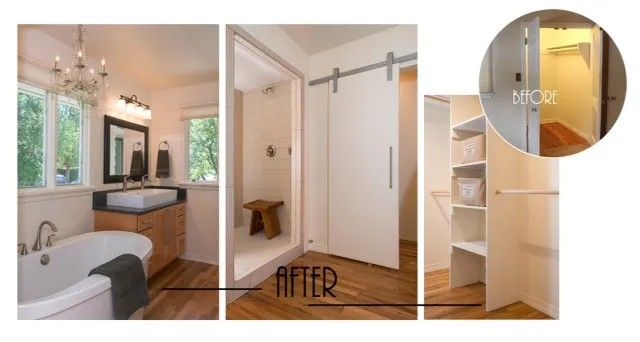 A before and after photo of a bathroom with a sliding barn door