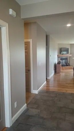 A hallway in a house leading to a living room and a fireplace.