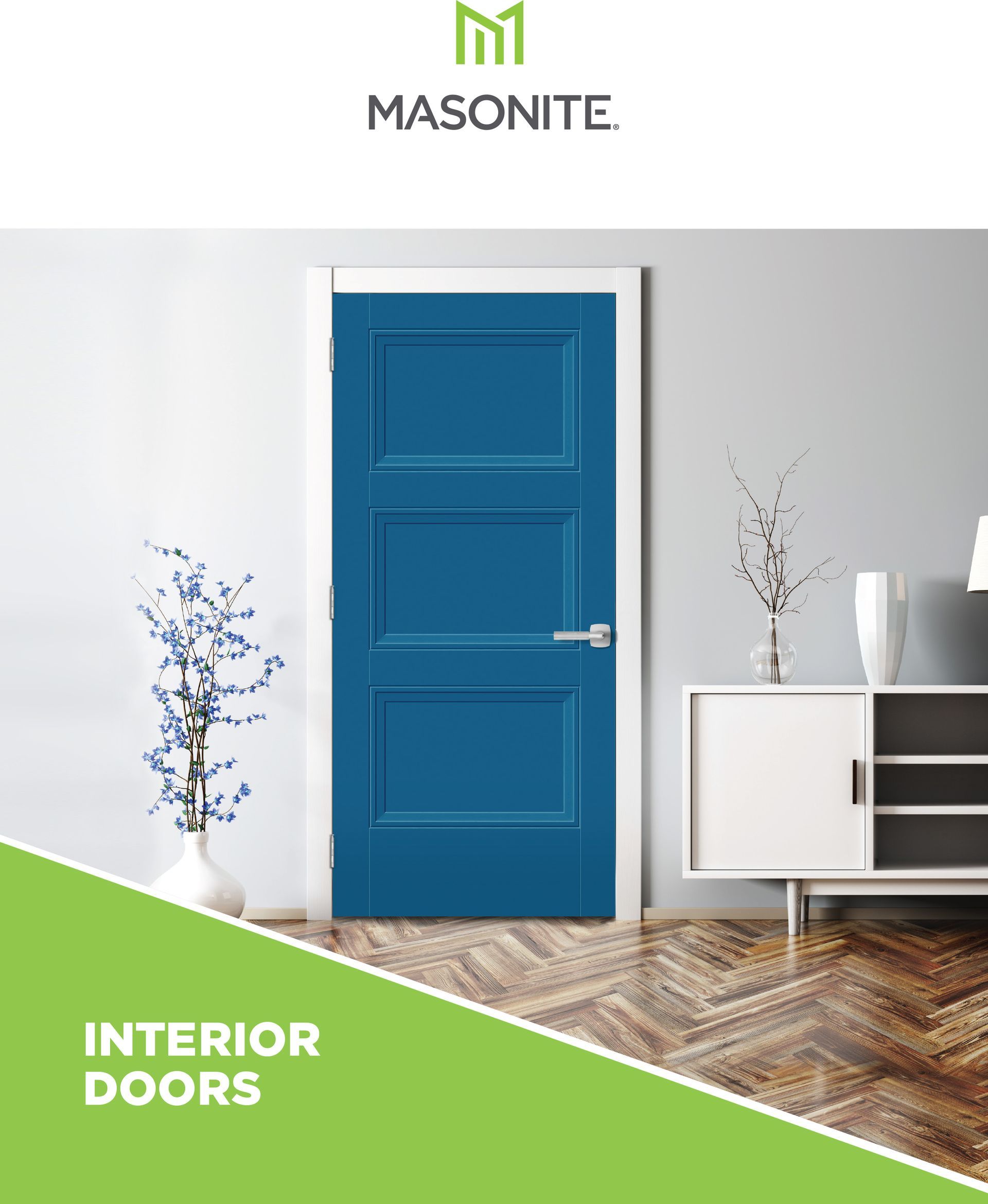 Masonite interior door in a room with white furniture.