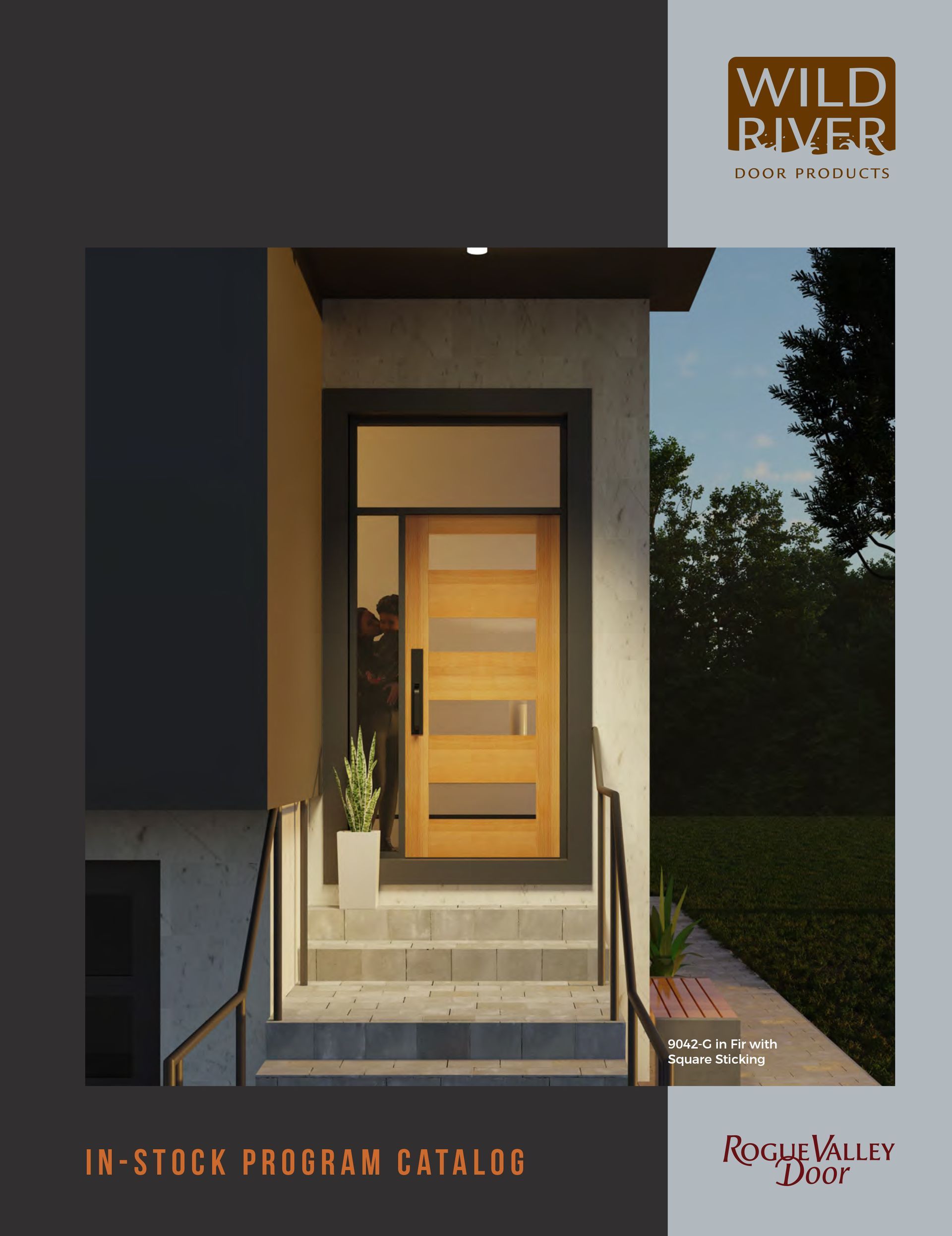 Modern home entrance with wood door and glass panels.